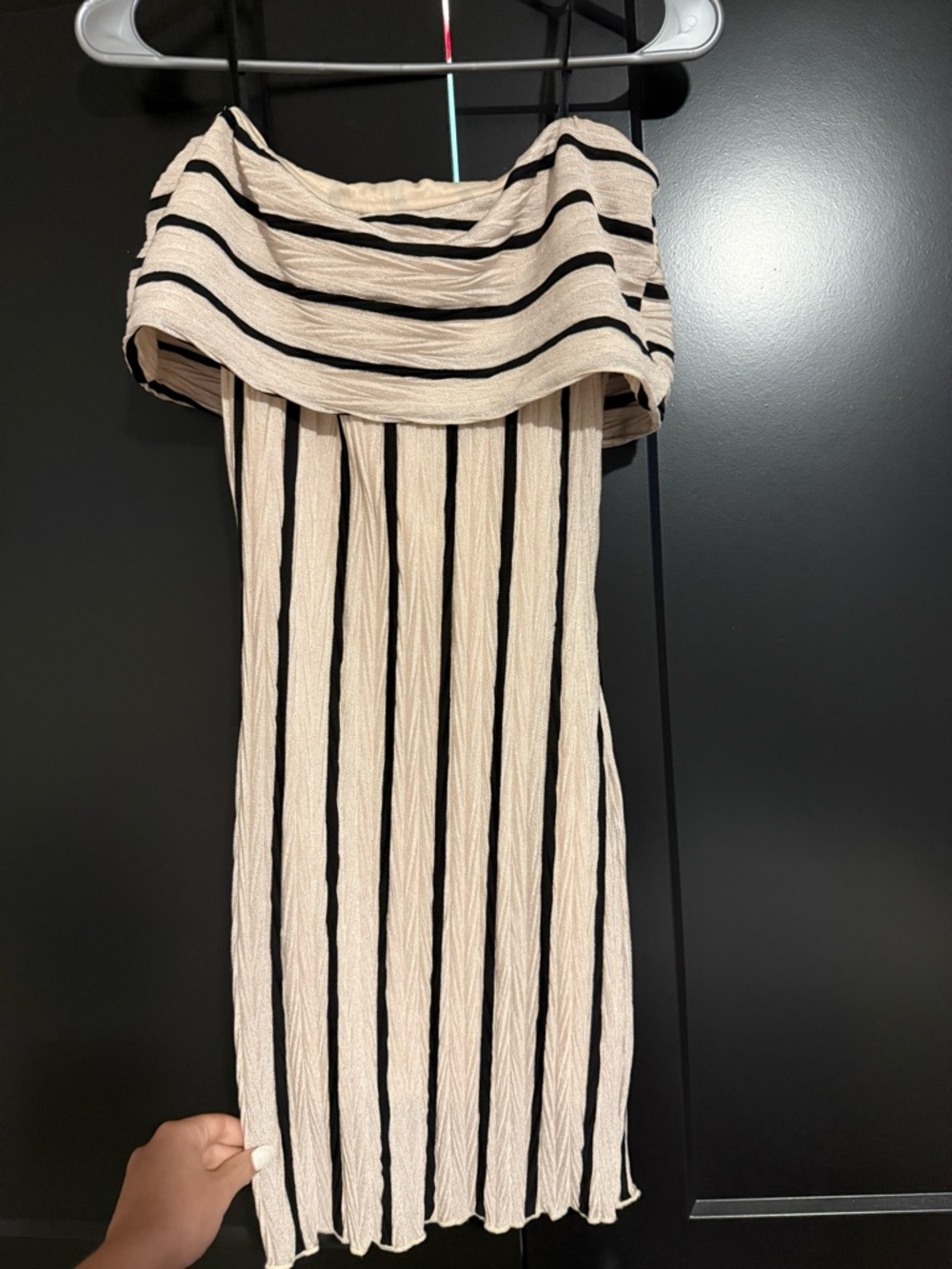 Sage Cream and Black One-Shoulder Striped Midi Dress